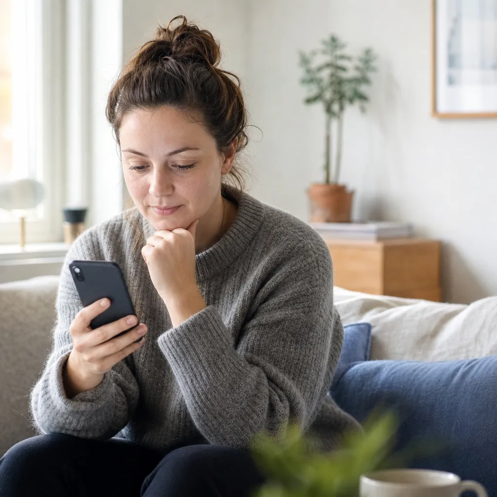 Person som nöjt jämför och väljer ett prisvärt mobilabonnemang på mobilen i en ljus nordisk miljö