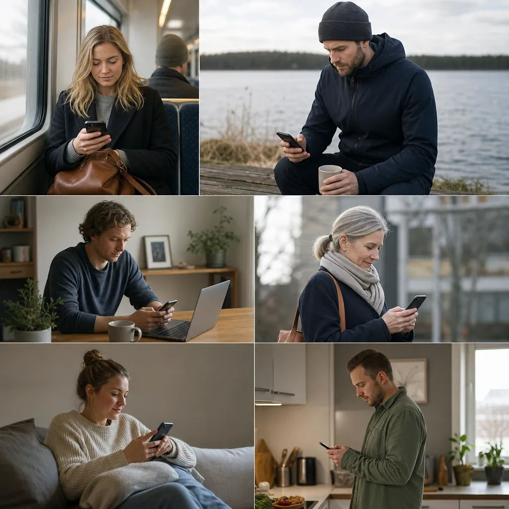Olika personer i Sverige som använder mobilen i vardagen