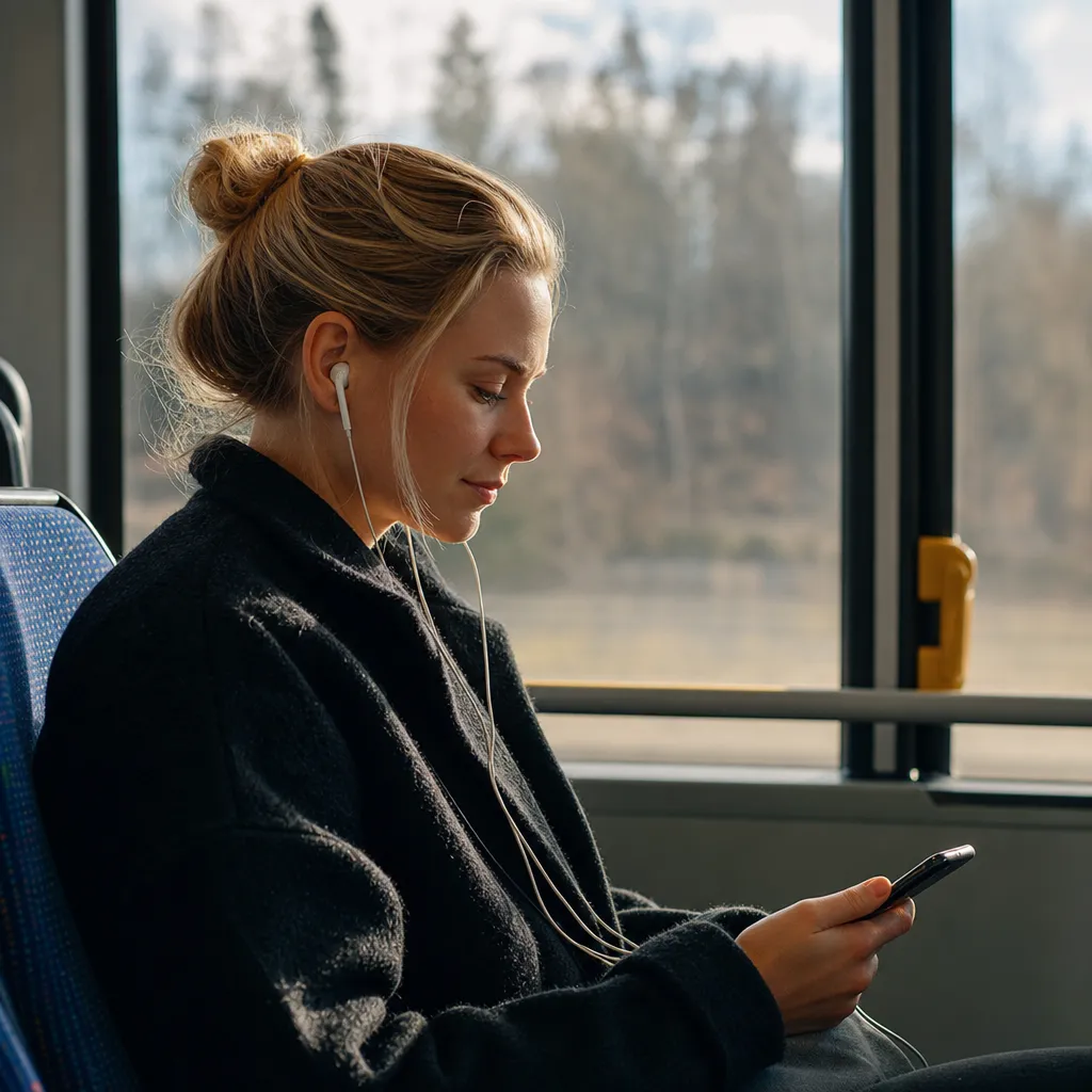 Pendlare med hörlurar som lyssnar på musik och poddar via mobilen på bussen, ett lagom 10 GB-abonnemang räcker långt