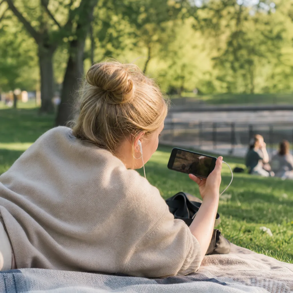 Person som sitter i en park i nordiskt sommarljus och streamar en serie på mobilen, en surfanvändning som passar en generös 20 GB-pott