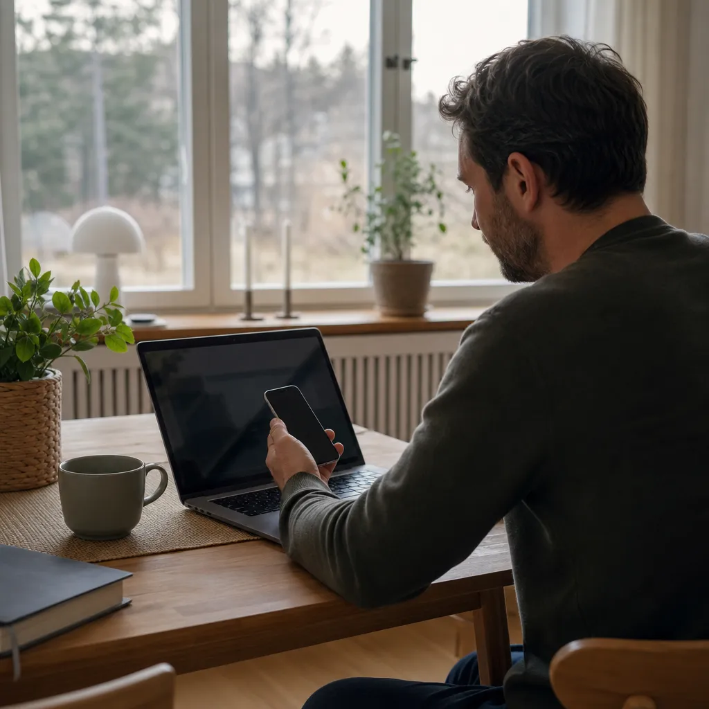 Person som delar internet från mobilen till en laptop och streamar video vid ett nordiskt hemmakontor