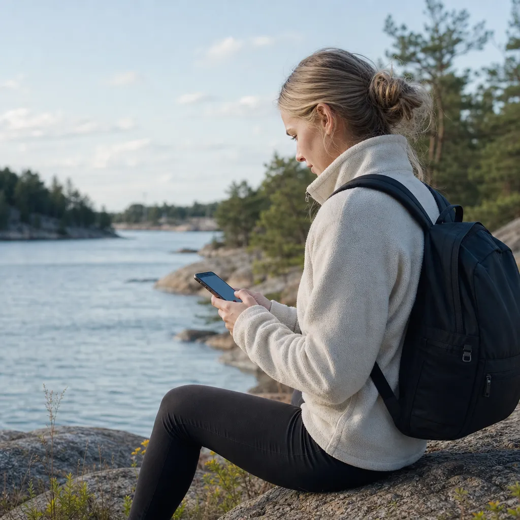 Person som scrollar sociala medier och kollar kartan på mobilen utomhus i nordiskt dagsljus