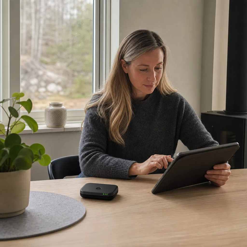 Surfplatta och liten 5G-router på ett träbord i ett nordiskt hem, någon surfar på plattan med ett datasim utan samtal