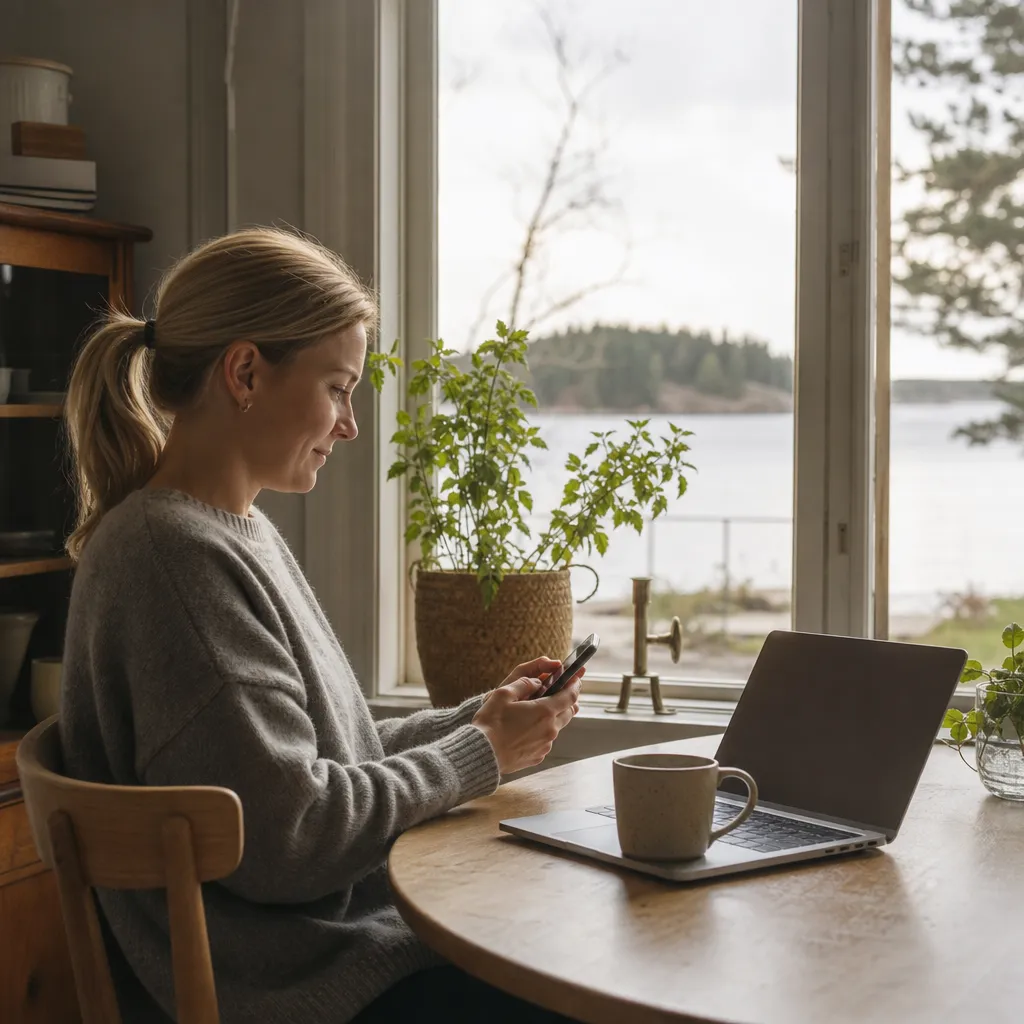 Person som surfar bekymmersfritt på mobilen vid en uteservering på en solig gata i Europa