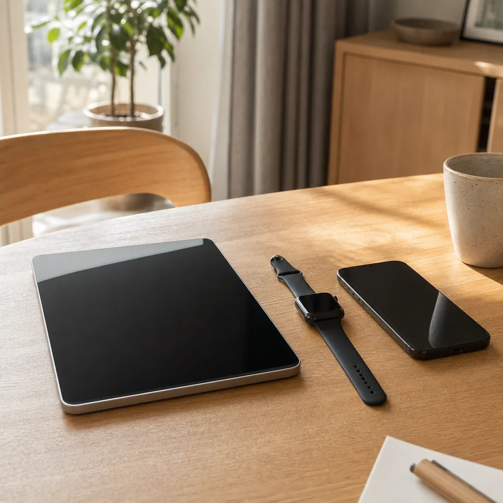 Surfplatta och smartklocka bredvid en mobil på ett bord i ett ljust nordiskt hem, flera uppkopplade enheter