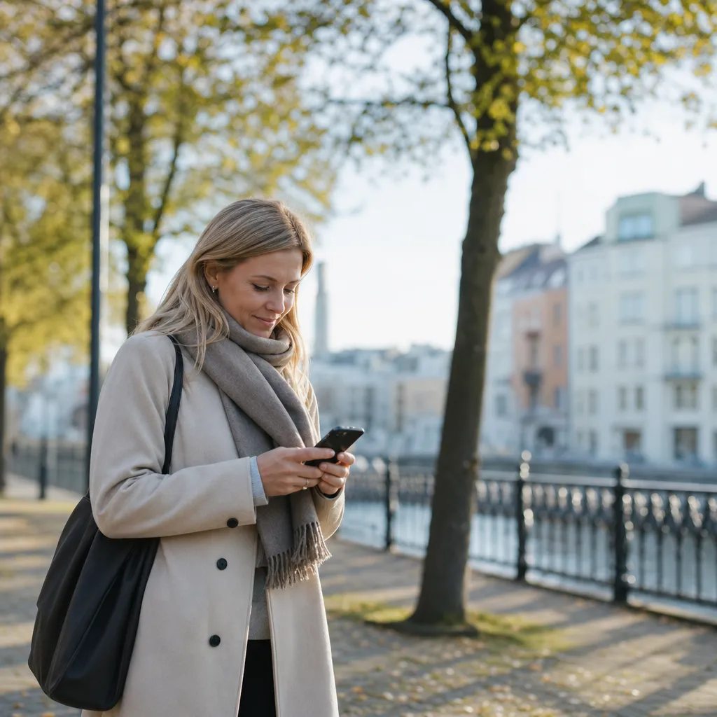 Person som använder en snabb 5G-mobil utomhus i en svensk stadsmiljö