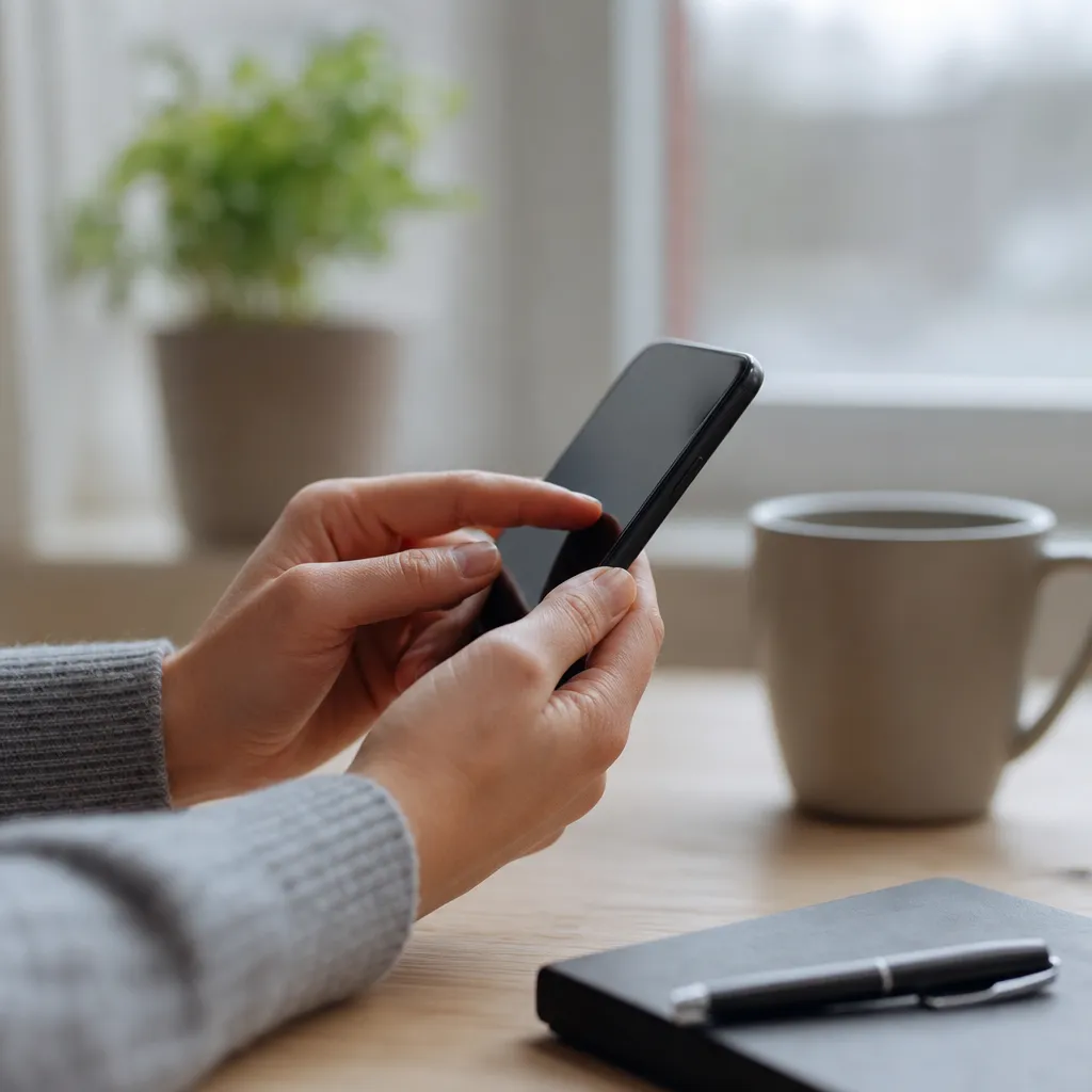 Ett par händer håller en modern mobil och aktiverar ett digitalt SIM i en lugn hemmiljö