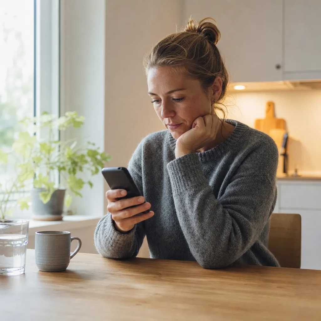 Person vid köksbordet som tittar på sin mobilfaktura i en digital brevlåda-app på telefonen