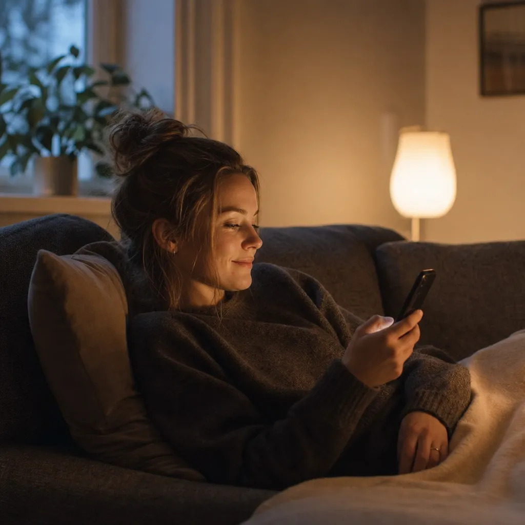 Ung vuxen streamar film avslappnat på mobilen i soffan hemma en kväll, med fri surf utan att hålla koll på datamängden