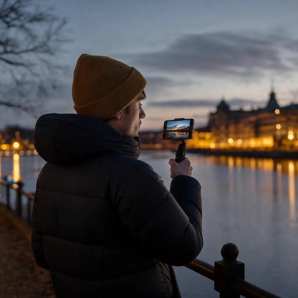 Ung person som streamar video och laddar upp på mobilen på språng i en urban nordisk stadsmiljö med hög dataanvändning