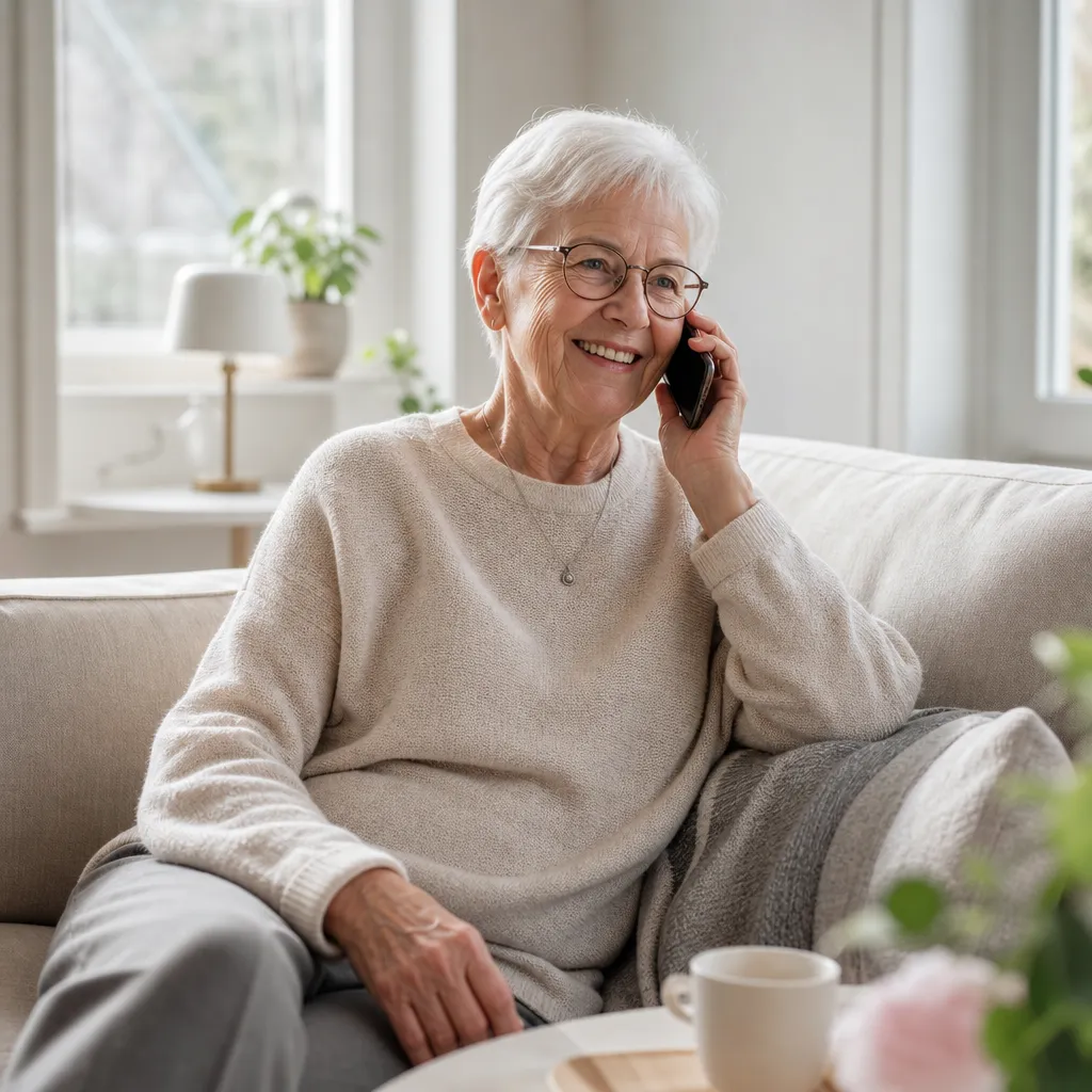 Äldre person 65+ ler och pratar i mobilen i ett ljust nordiskt vardagsrum