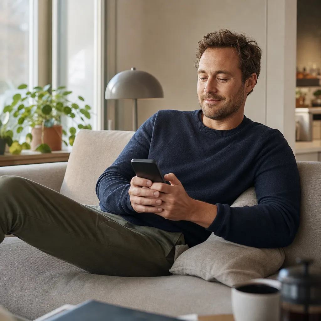 Person sitter nöjd hemma i soffan med mobilen och har surf kvar att spara till nästa månad