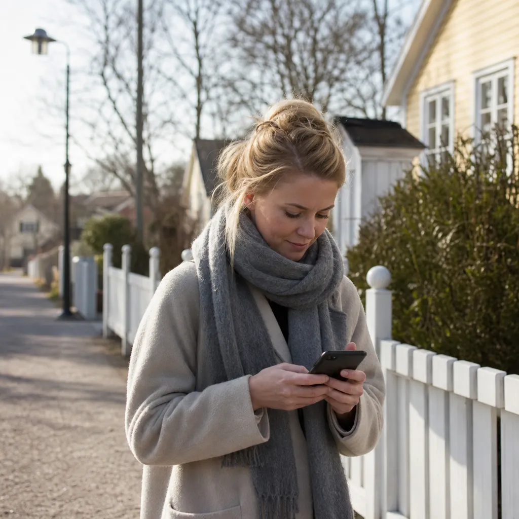 Person som surfar på mobilen med full täckning på en gata i en svensk småstad