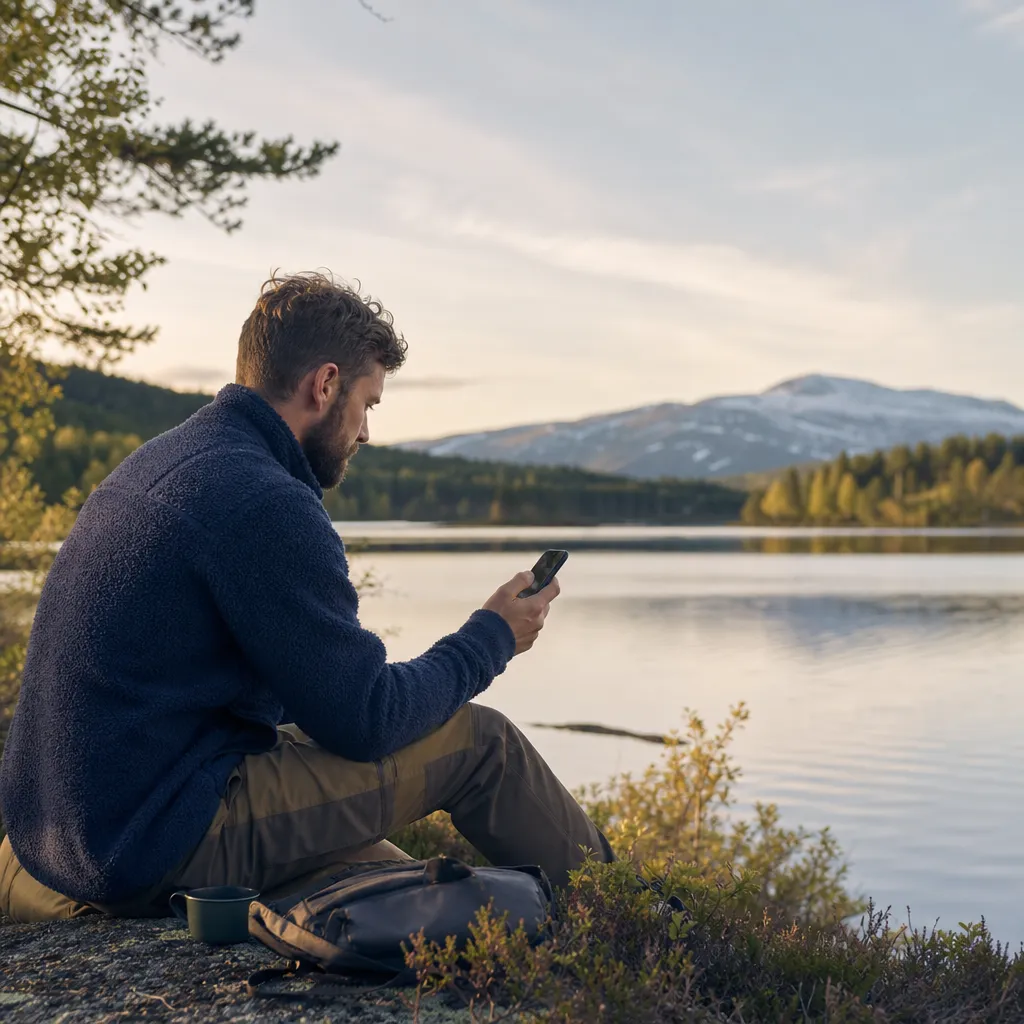 Person surfar på mobilen vid en sjö i nordisk glesbygd med skog och fjäll, bra mobiltäckning långt från stan
