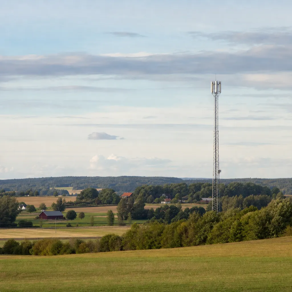 Telekommast i ett öppet svenskt landskap, bild av bred mobiltäckning över bygden