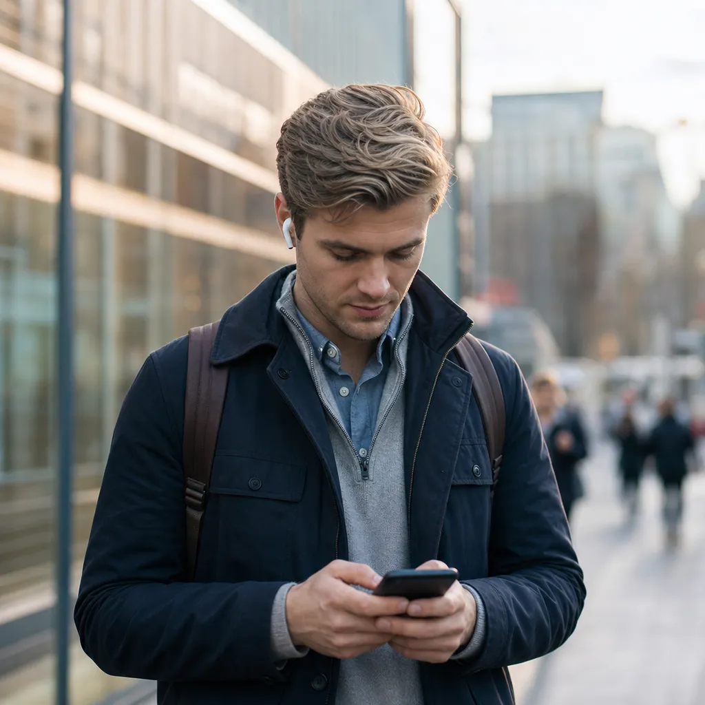 Person som surfar snabbt på mobilen i en svensk storstadsmiljö i Tres 5G-nät