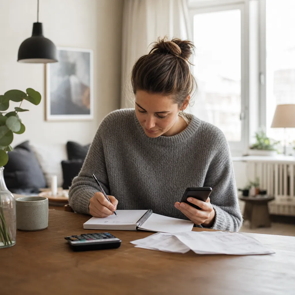 Ung vuxen budgeterar sitt mobilabonnemang med telefonen i en mysig nordisk lägenhet