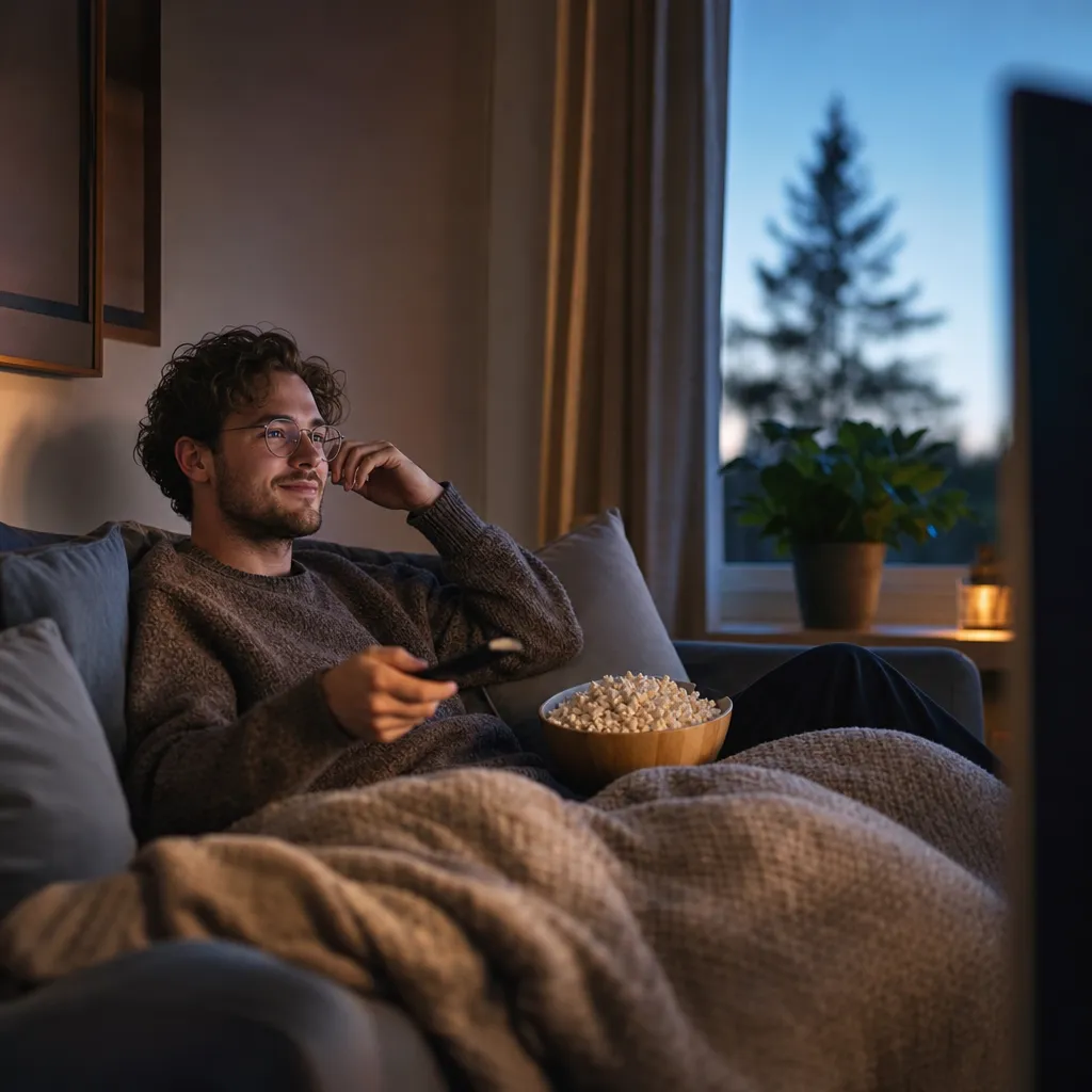 Person som nöjt streamar i soffan med rikligt med surf, nordiskt kvällsljus