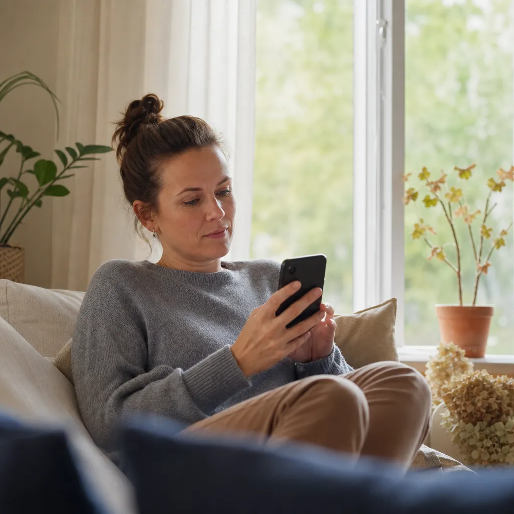 Person hanterar enkelt sitt mobilabonnemang i mobilen hemma i ett ljust och luftigt rum, med känslan av frihet att byta operatör när som helst