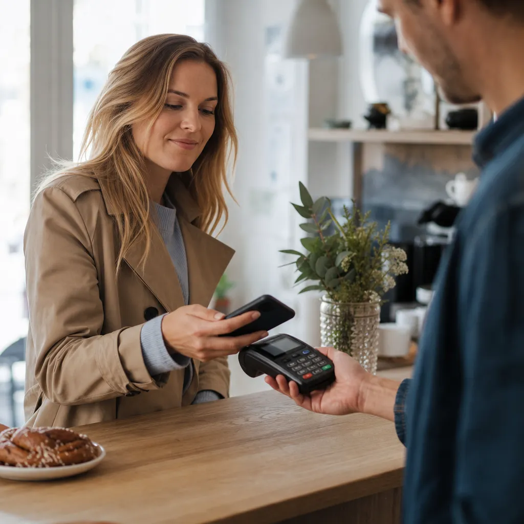 Person betalar tryggt sitt mobilabonnemang med kort direkt i mobilen