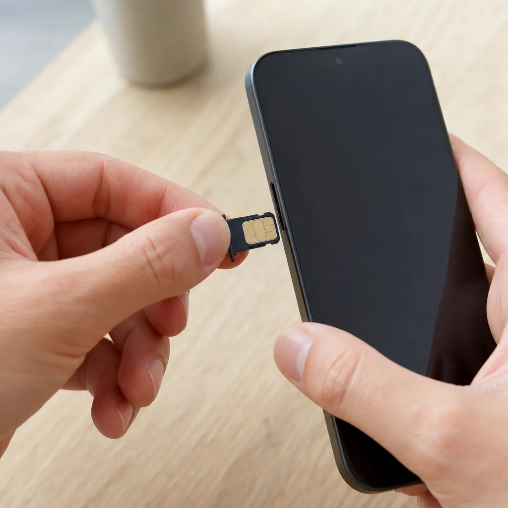 Hand som sätter ett SIM-kort i en mobil man redan äger, utan ny telefon