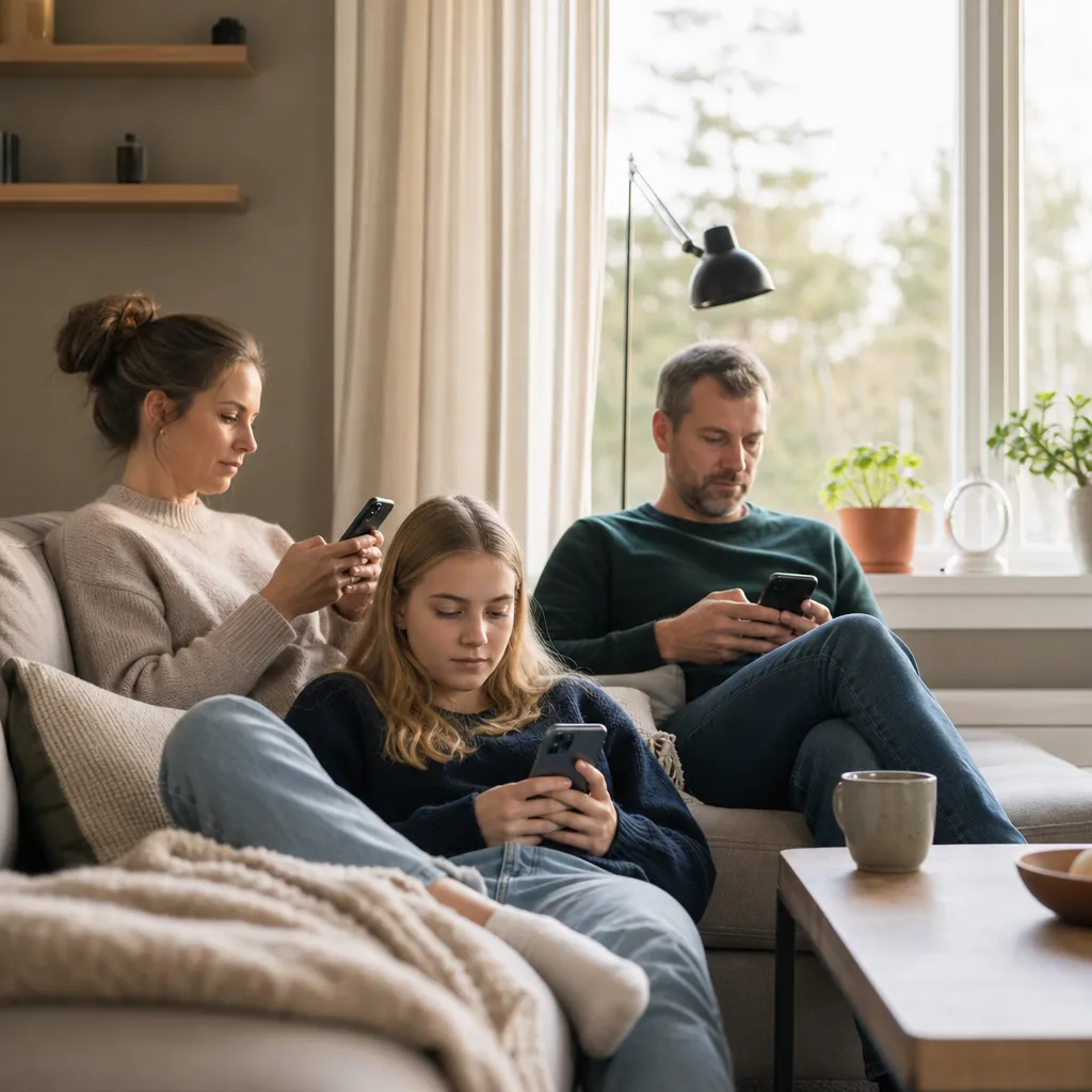 Två föräldrar och en tonåring använder var sin mobil i ett ljust vardagsrum