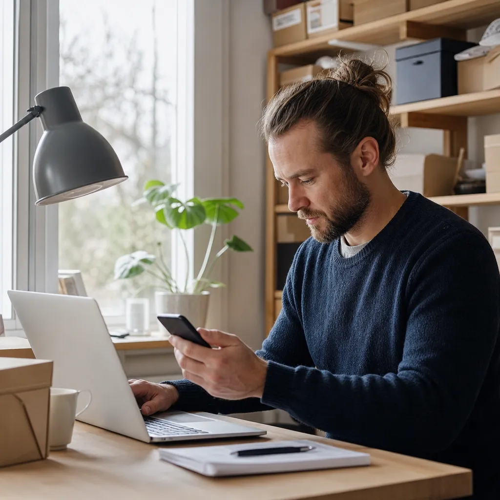 Soloföretagare som arbetar med mobil och laptop i ett litet svenskt kontor