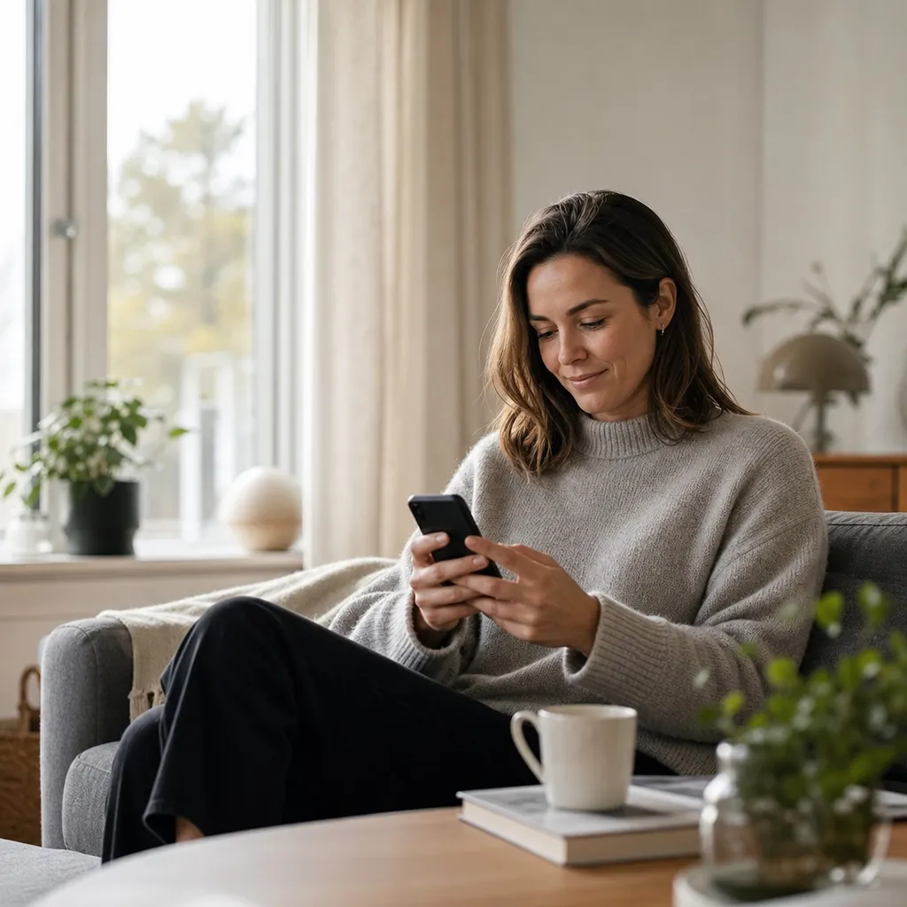 Vuxen person som ringer och sms:ar med mobilen i en lugn vardagsmiljö med lite skärmtid