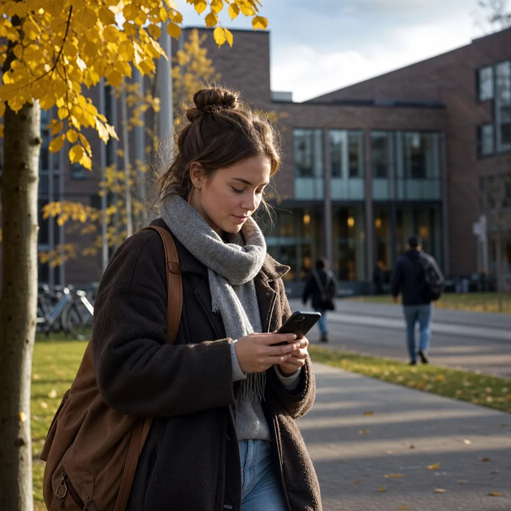 Student med ryggsäck som kollar mobilen utomhus nära en campusbyggnad i höstligt dagsljus