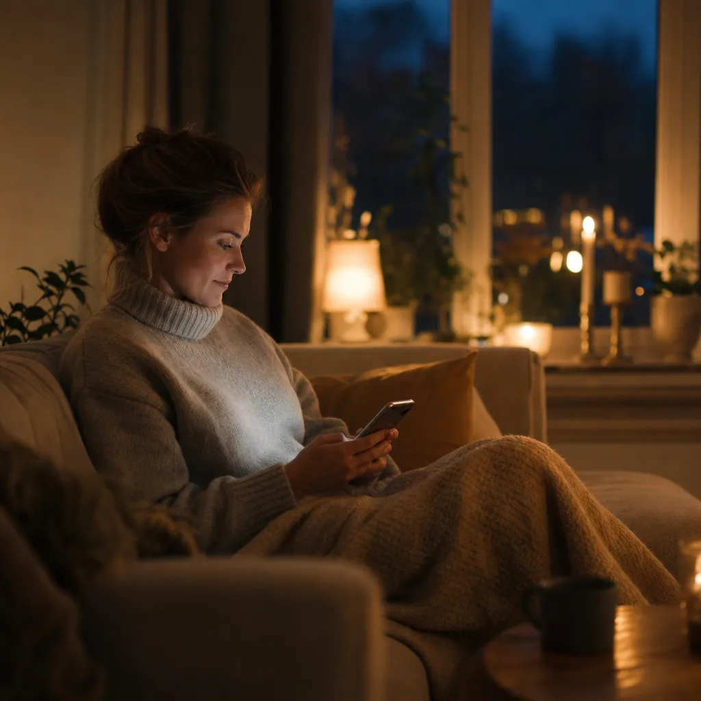 Person som lugnt jämför mobilabonnemang på telefonen en mörk höstkväll hemma