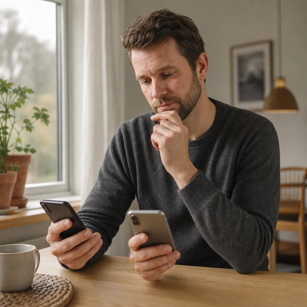 Person som eftertänksamt väger ett billigt mobilabonnemang mot ett dyrt på mobilen