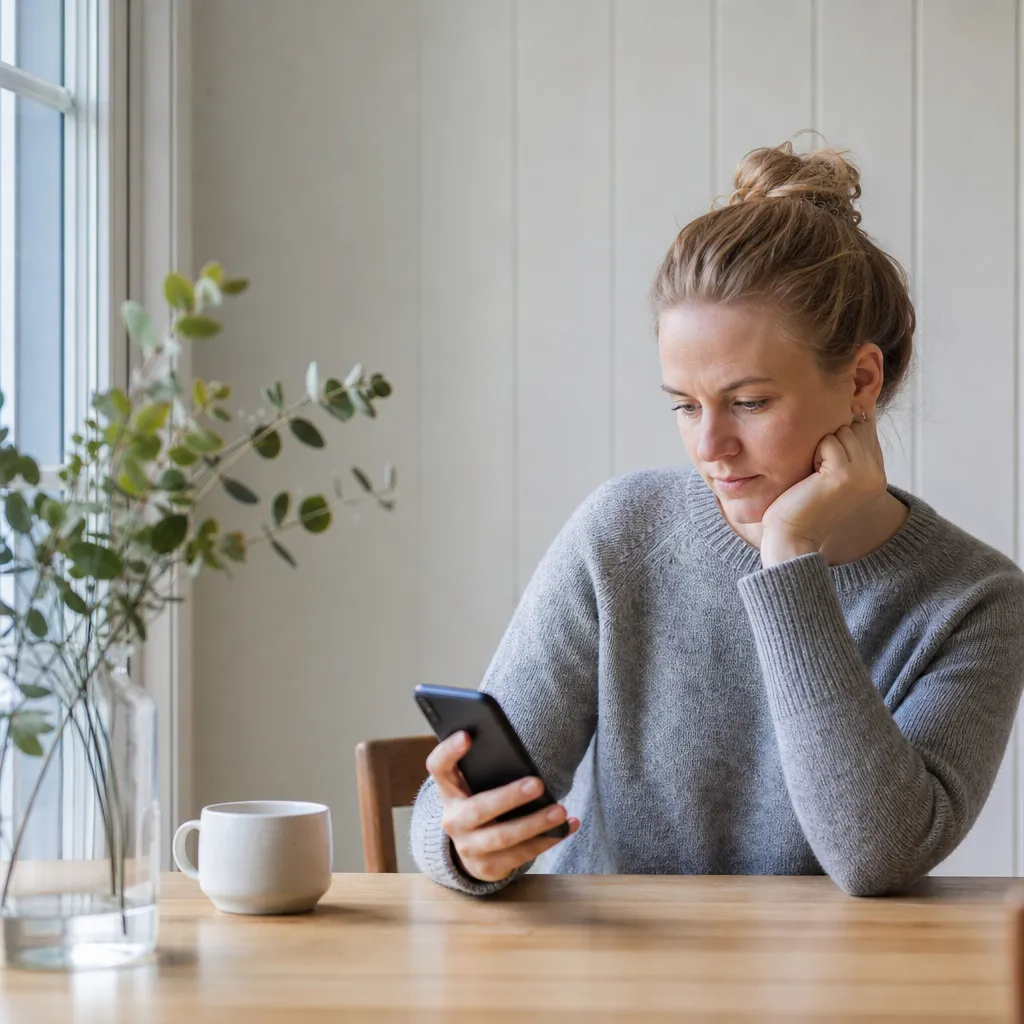 Person som läser tips om mobilabonnemang på mobilen vid ett bord