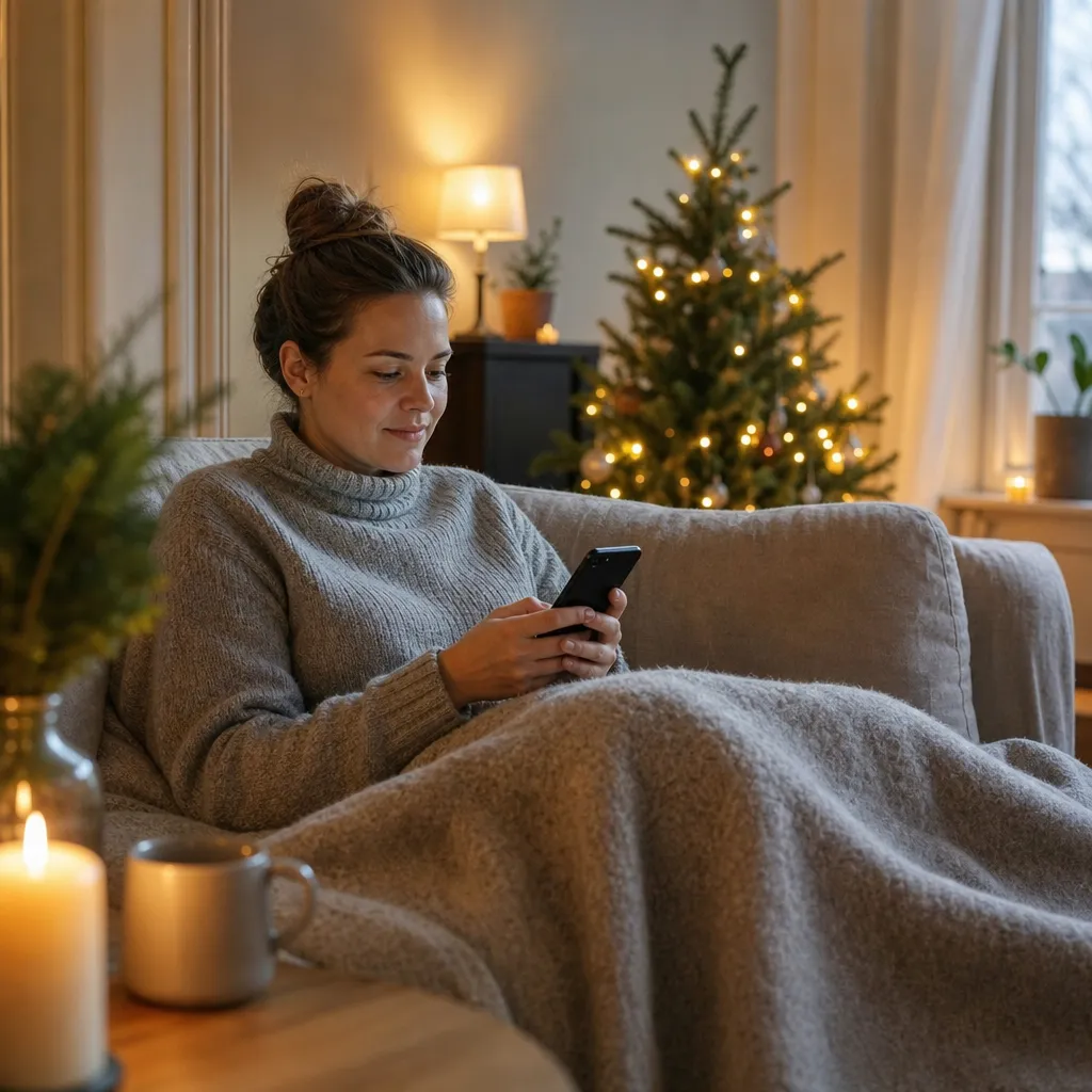 Person under filt i soffan som jämför mobilerbjudanden på telefonen en vintrig mellandag efter jul