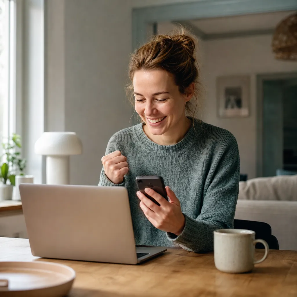 Person ser nöjd ut vid laptop och mobil hemma efter att ha hittat ett bra erbjudande på mobilabonnemang