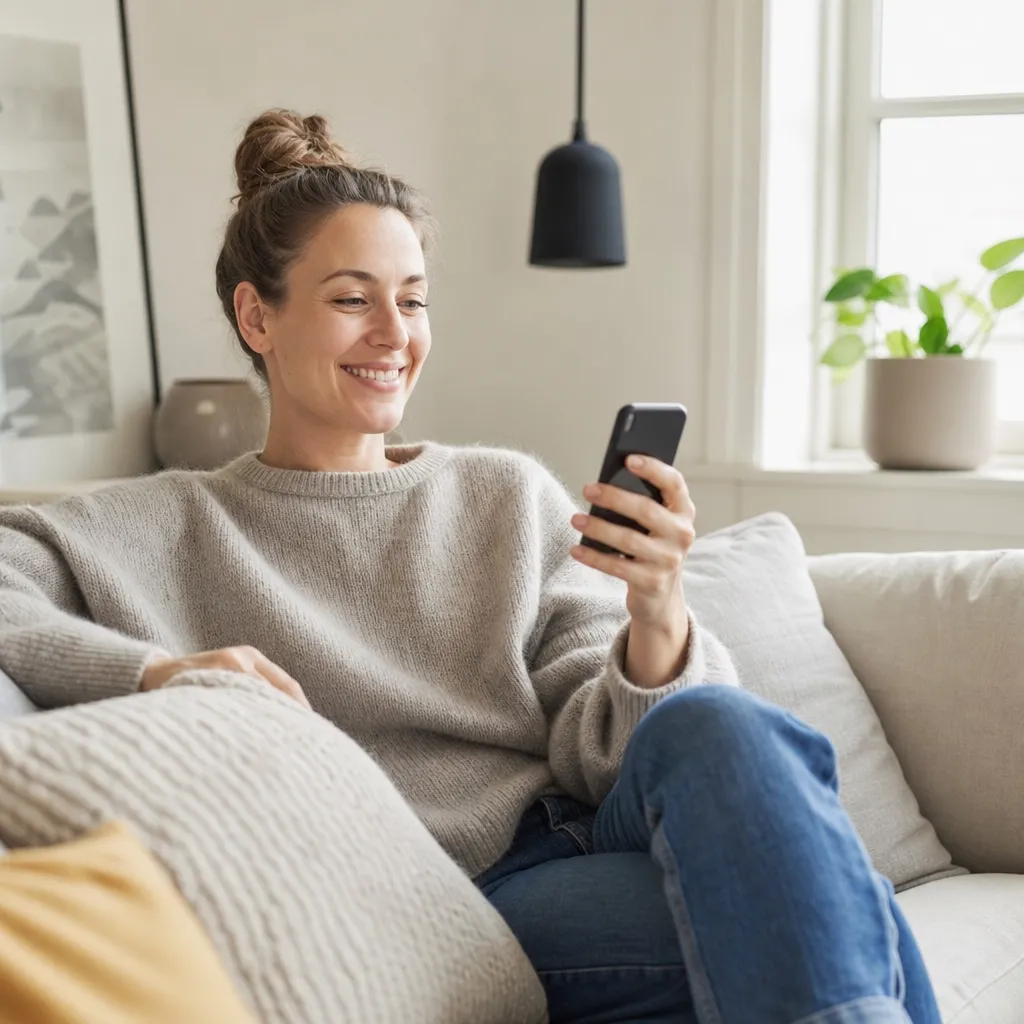 Nöjd person i soffan hemma som ler och håller upp mobilen efter att ha hittat ett billigt mobilabonnemang