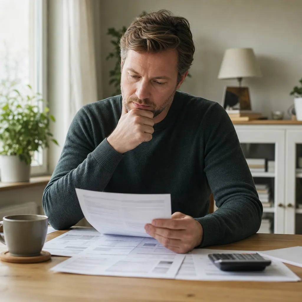 Person sitter vid skrivbordet hemma och tittar fundersamt på sin månadsbudget och telefonräkning i nordiskt dagsljus