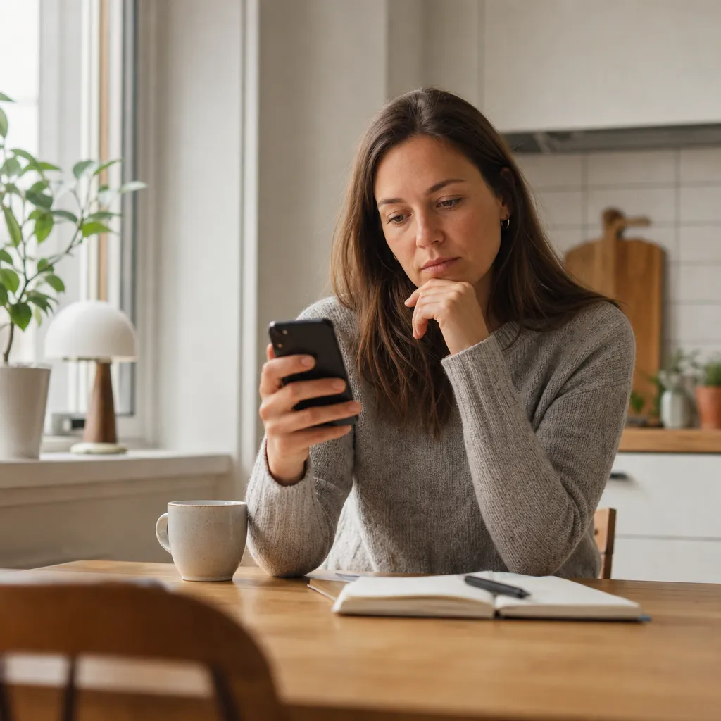 Person vid köksbordet som jämför mobilabonnemang på mobilen för att undvika vanliga misstag